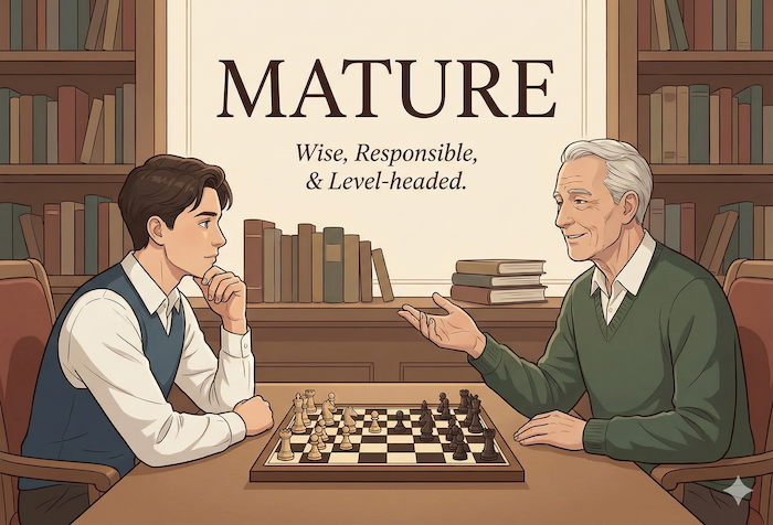 Two people conversing in a study. / 書斎で語り合う二人。