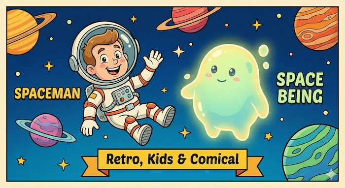 レトロな漫画の宇宙飛行士と生物。