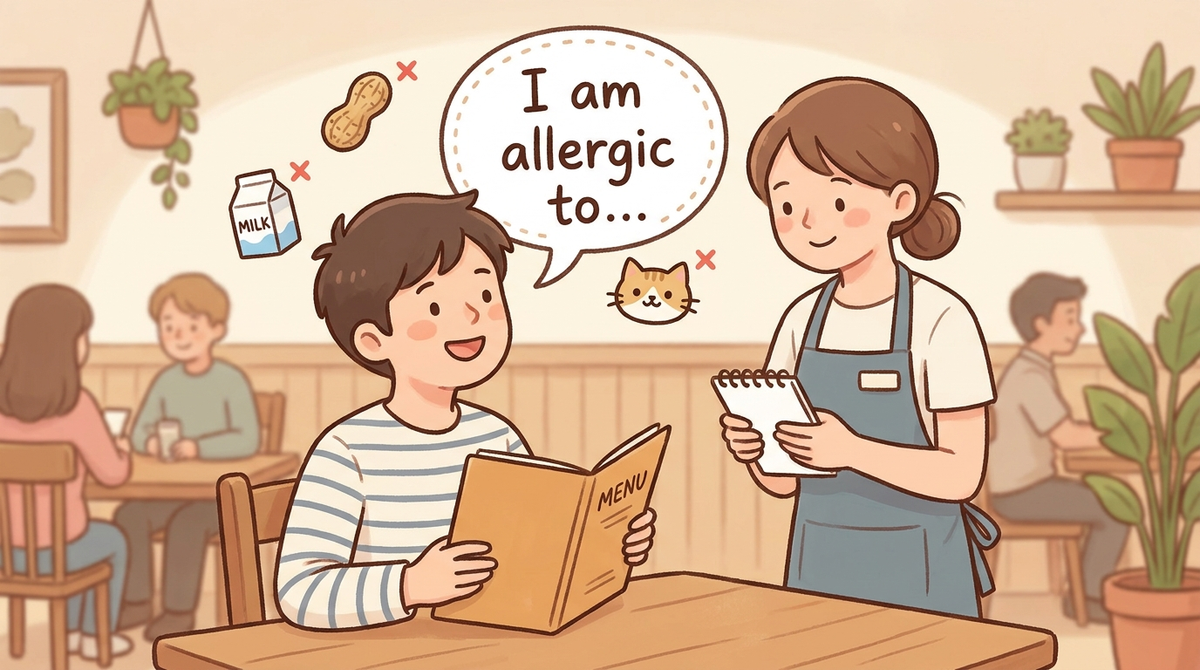 「I am allergic to...」というフレーズを使って、ピーナッツや乳製品などのアレルギーを伝えているシーンのイラスト