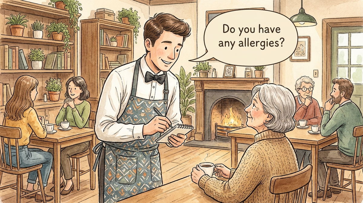 飲食店の店員がお客様に対して「Do you have any allergies?（アレルギーはありますか？）」と尋ねている接客シーンの画像
