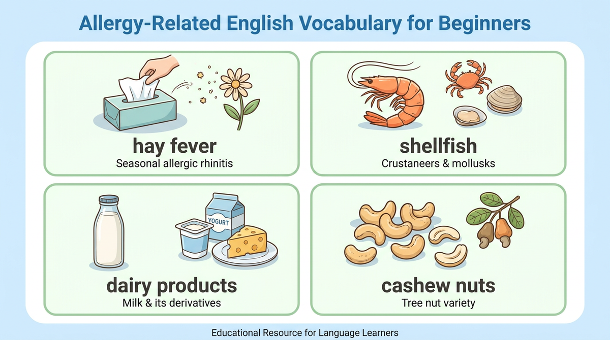 花粉症（hay fever）や甲殻類（shellfish）、乳製品（dairy products）など、アレルギーに関連する英単語をまとめた図解イラスト
