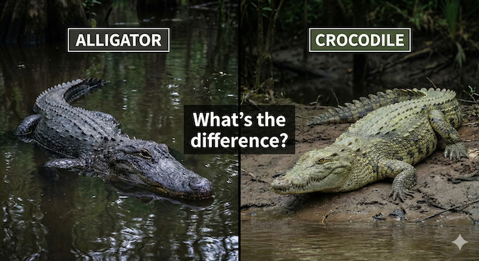 Alligator and Crocodile comparison in a swamp. / 沼地でのアリゲーターとクロコダイルの比較