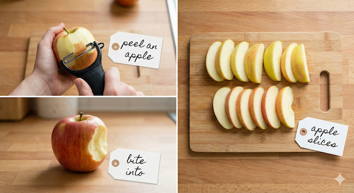 Apple preparation actions with labels (ラベル付きのりんご調理アクション)