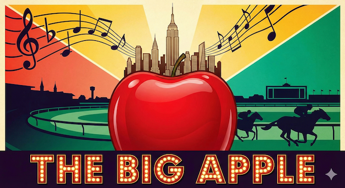 "The Big Apple" poster with NY skyline. 代替テキスト: NYスカイラインとビッグアップルのポスター。