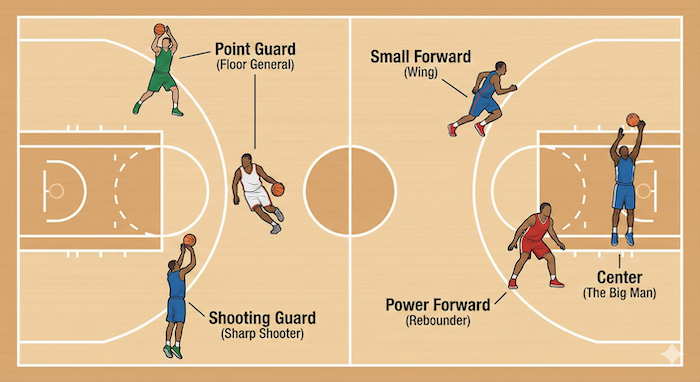 Infographic illustrating basketball positions and roles on a court. / コート上のバスケのポジションと役割を示すインフォグラフィック。