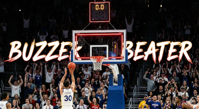 A dramatic basketball buzzer beater moment. / 劇的なバスケットボールのブザービーターの瞬間