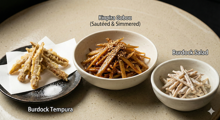 Three popular Japanese burdock dishes. JP: 人気の日本のゴボウ料理3選。