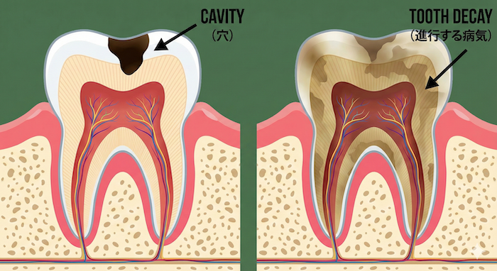 Diagram of cavity vs tooth decay / 虫歯(穴)と進行した虫歯の比較図