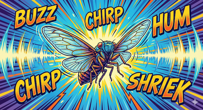 Illustration of a cicada making loud noises. / 大きな音を出すセミのイラスト。