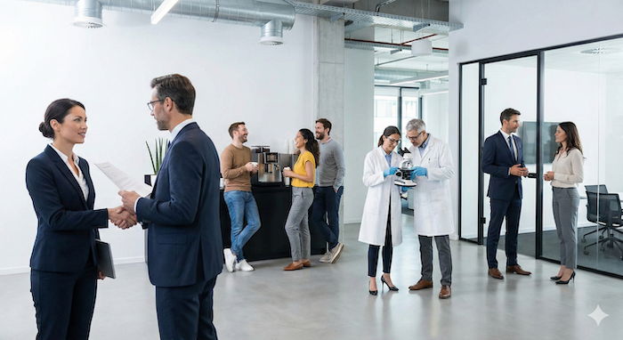 Diverse professionals collaborating in office. / オフィスで協力する多様な専門家。