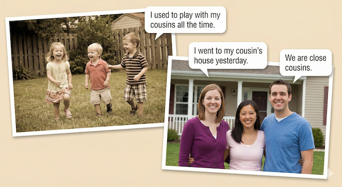 Photo collage showing cousins through different life stages with conversation phrases. (いとこの人生の各段階と会話フレーズを示す写真コラージュ)