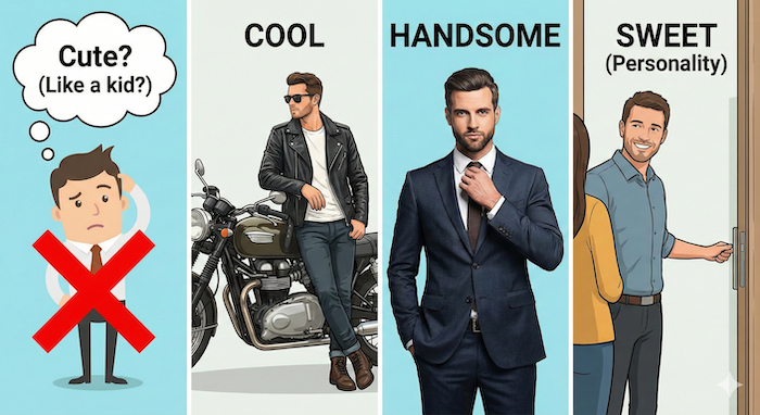 Guide on complimenting men: Avoid "Cute," use Cool, Handsome, Sweet. (男性を褒めるガイド：「Cute」を避け、Cool、Handsome、Sweetを使う)