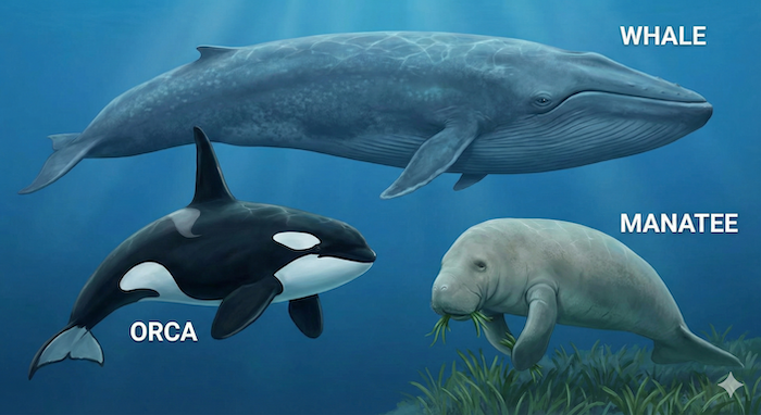 Whale, orca, and manatee illustration. クジラ、シャチ、マナティーのイラスト。