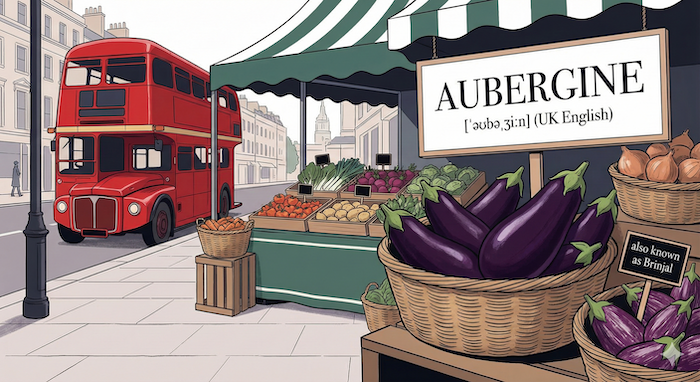 "Aubergine" at London market. (ロンドンの市場の「オーバジーン」。)