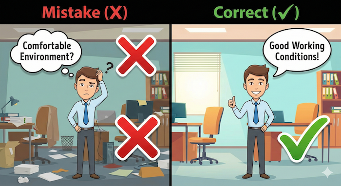 Infographic showing correct vs incorrect environment phrases. / 「環境」の正しい英語表現と間違いのインフォグラフィック