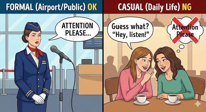 「Attention Please」の公式な使用とカジュアルな使用の比較。