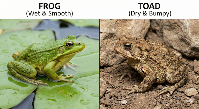 Frog (wet/smooth) and Toad (dry/bumpy) comparison
