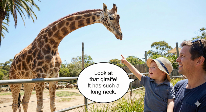 Child at zoo pointing at giraffe with speech bubble. JP: 動物園でキリンを指さす子供と吹き出し。