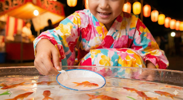 金魚すくいを楽しむ子供