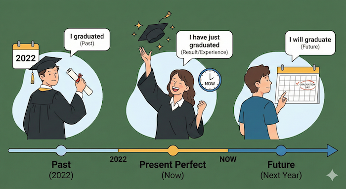 時制の使い分け(過去・完了・未来) 代替テキスト(English):English Tenses Timeline (Past, Perfect, Future)