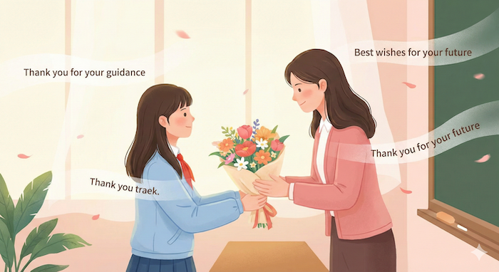Student giving flowers to teacher with gratitude phrases.