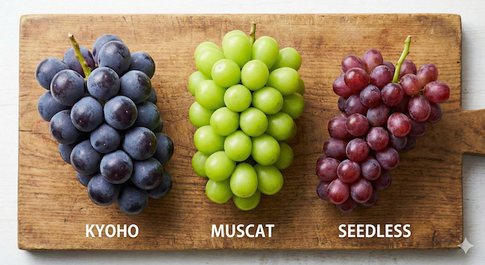 Kyoho, Muscat, and Seedless grapes. / 巨峰、マスカット、シードレスグレープ。