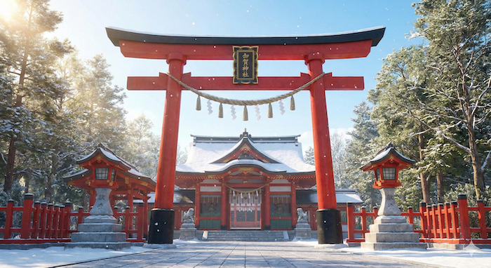 Snow-covered shrine, red Torii gate, winter morning light. (雪景色の神社、赤い鳥居、冬の朝陽。)