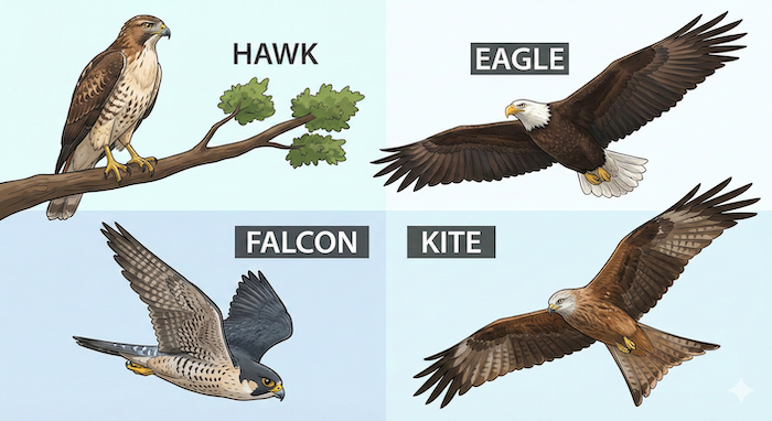 Comparison of four birds of prey. 4種類の猛禽類の比較図。