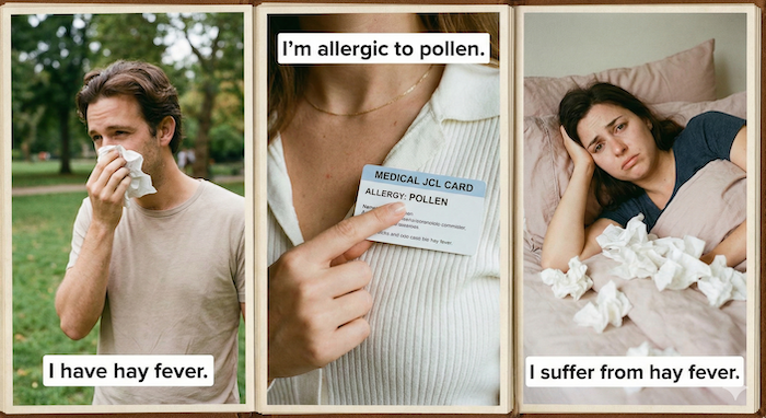 Hay fever phrases photo collage. 花粉症フレーズの写真コラージュ