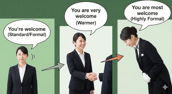 異なるフォーマル度の「You're welcome」を比較するインフォグラフィック。