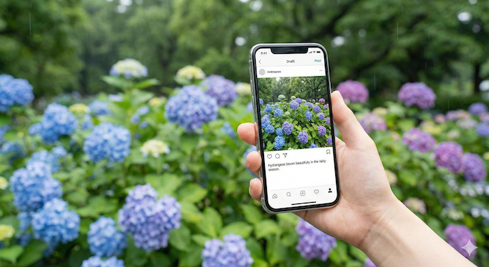 Posting hydrangea photo on social media. (SNSにアジサイの写真を投稿)