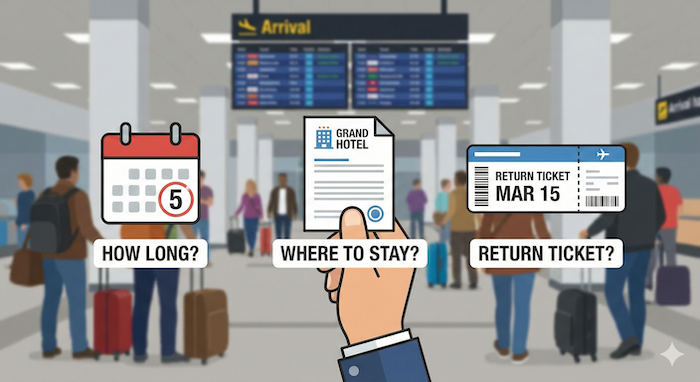 Infographic of three common immigration questions with icons. / 入国審査でよくある3つの質問のアイコン付きインフォグラフィック。