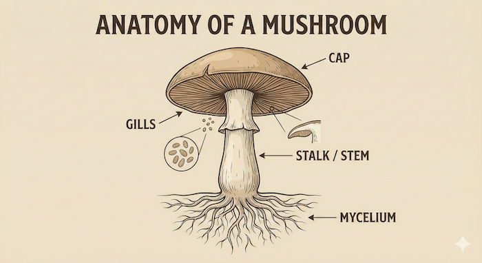 きのこの構造図解イラスト (Mushroom anatomy botanical diagram)