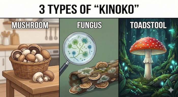 きのこ3種類の比較イラスト (Mushroom, Fungus, Toadstool comparison illustration)