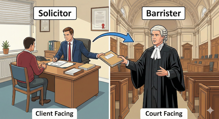 Solicitor and Barrister roles. / 事務弁護士(Solicitor)と法廷弁護士(Barrister)の役割分担。