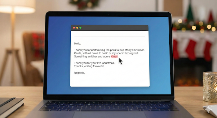 「Xmas」の間違いを強調するノートPCの画面。