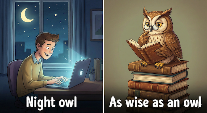 Owl idioms: night owl and wise. / フクロウのイディオム:夜更かしと賢さ。
