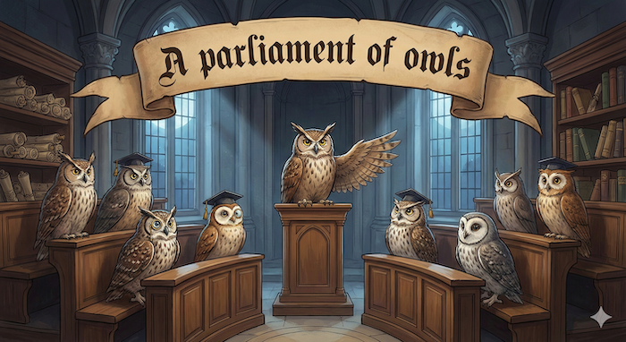 A parliament of owls. / フクロウの群れ(議会)。