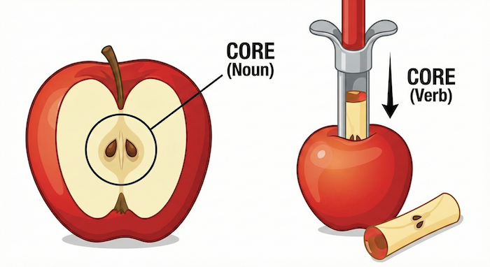 Apple core (noun) and coring (verb). / りんごの芯（名詞）と芯を取る（動詞）
