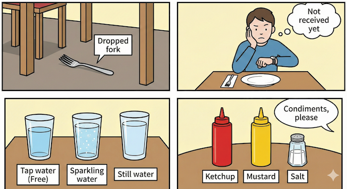 Common dining situations and phrases. / よくある食事中の状況とフレーズ。