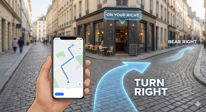 Navigation AR view with "right" phrases. (「右」のフレーズを使ったARナビ)