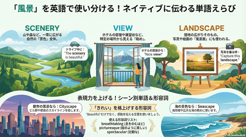 Scenery, View, and Landscape comparison (風景・景色・景観の比較) インフォグラフィック