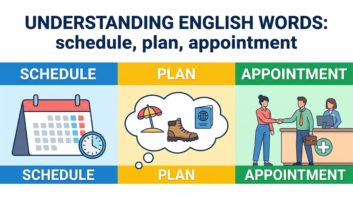schedule（公式な日程）、plan（個人的な計画）、appointment（人と会う約束）のニュアンスの違いを表したイラスト
