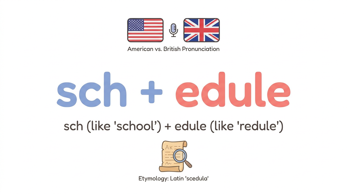 scheduleのスペルの覚え方（sch+edule）や、アメリカ・イギリスでの発音の違い、語源である紙切れを表現したイラスト