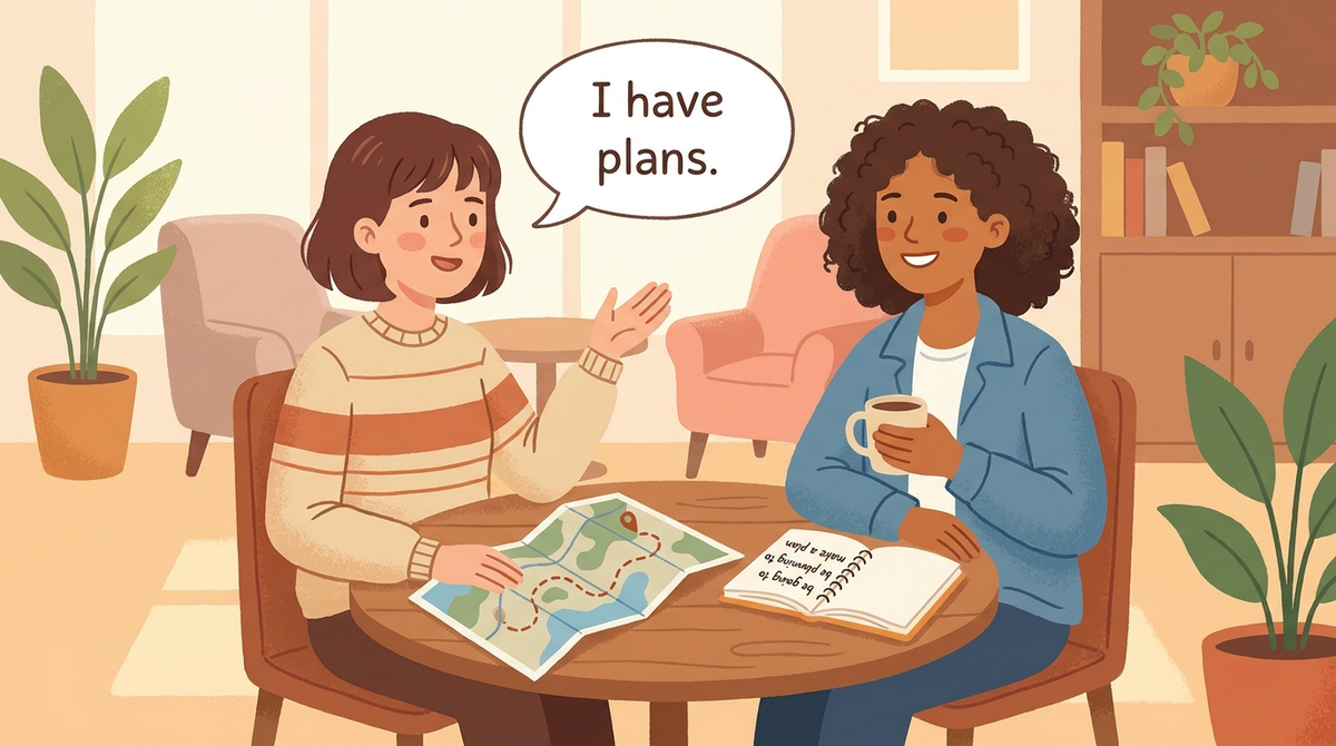 日常会話で使う「I have plans.」や「make a plan」など、個人的な予定に関する英語フレーズを表したイラスト