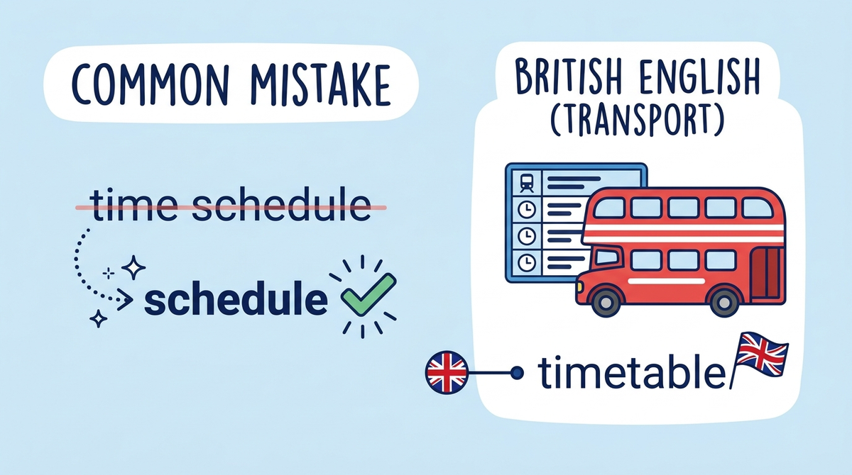 和製英語になりがちな「time schedule」より「schedule」が自然であることと、イギリス英語の「timetable」のニュアンスを説明したイラスト