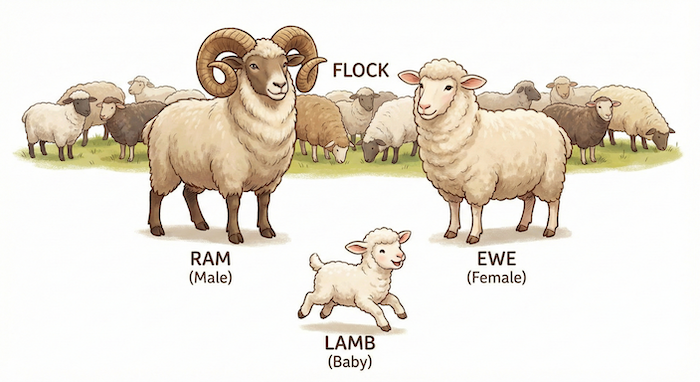 Family Names: Ram, Ewe, and Lamb 代替テキスト:Sheep family tree illustration. 羊の家系図のイラスト。
