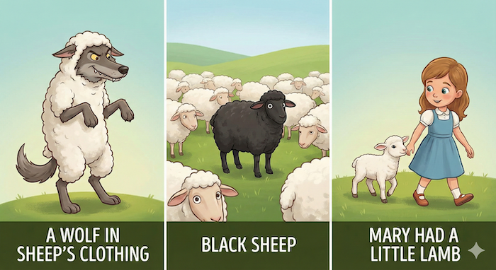 Idioms: Wolf in Sheep's Clothing & Black Sheep 代替テキスト:Three sheep idioms illustrated. 3つの羊のイディオムのイラスト。