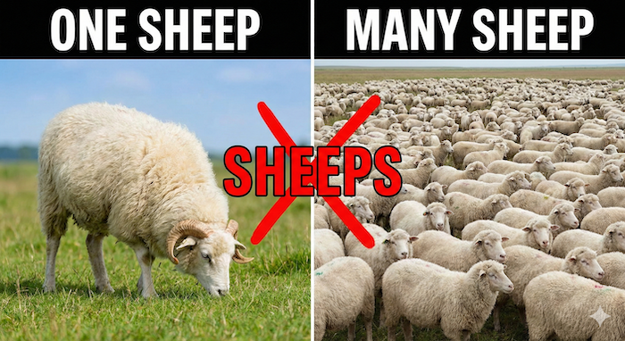 The Mystery of "Sheep" vs "Sheeps" 代替テキスト:Sheep plural form comparison. 羊の複数形の比較。