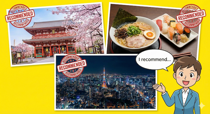 A collage of recommended Japanese tourist spots: a temple with cherry blossoms, ramen and sushi, and a city night view. / おすすめの日本の観光スポット(桜と寺、ラーメンと寿司、都市の夜景)のコラージュ画像。
